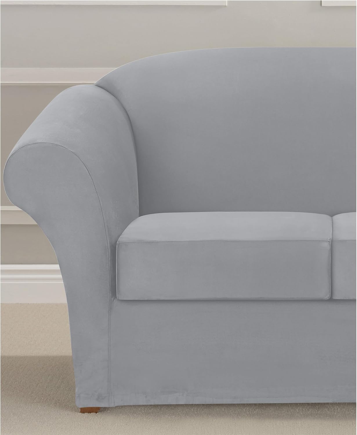 SureFit Ultimate Stretch Suede Four Piece Sofa Slipcover | Form-Fitting | Individual Cushion Covers | Machine Washable Sofa/Box Cushion/Light Gray