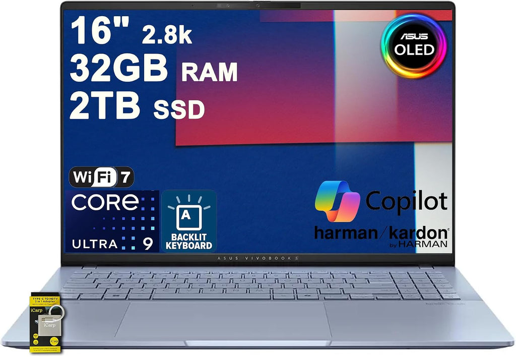 ASUS Vivobook S16 AI PC Laptop 16' 2.8k OLED 120Hz (600nits HDR, 100% DCI-P3) Intel 16-core Ultra 9 285H 32GB DDR5 2TB SSD Backlit for Creator Business Professional Work Win11 ICP Hub w/Copilot+ AI