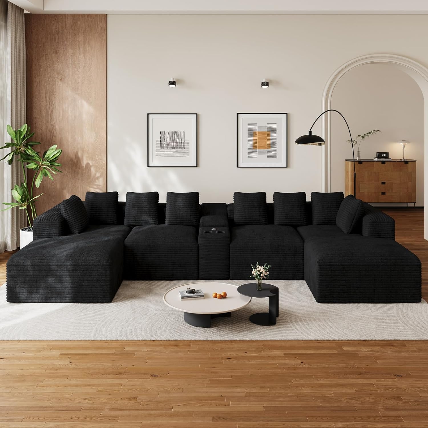 143' Oversized U Shaped Cloud Sectional Couches for Living Room, Comfy Fluffy Corduroy Black Boneless Couch, Large Modular Sectional Sofa Set with Chaise, Cup Holder, USB Port, Storage Console