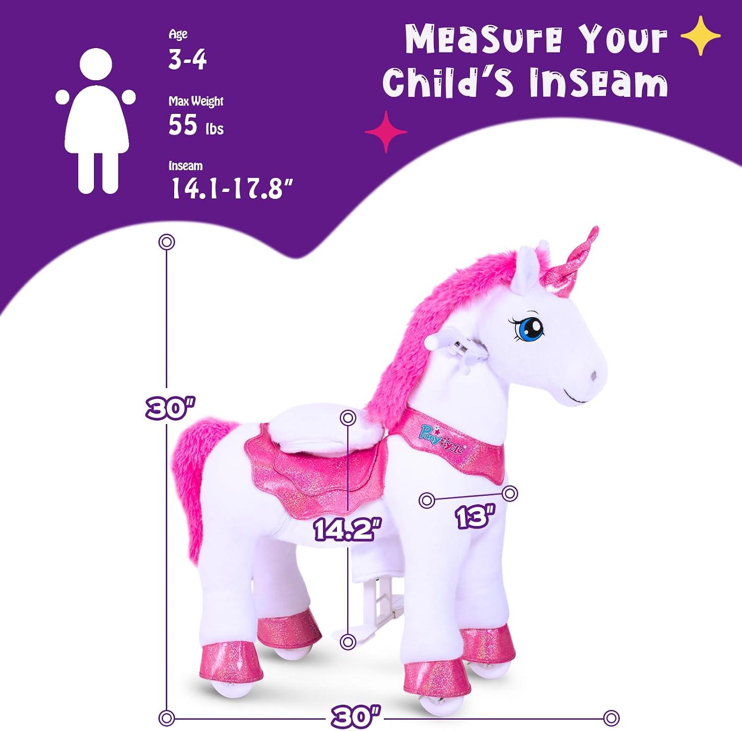 PonyCycle Ride on Unicorn Ride on Toys for Girls Riding Pink Unicorn Rocking Horse No Battery Required(with Brake/ 30' Height/Size 3 for Age 3-4) Ride-on Animals Plush Pony Toys E312
