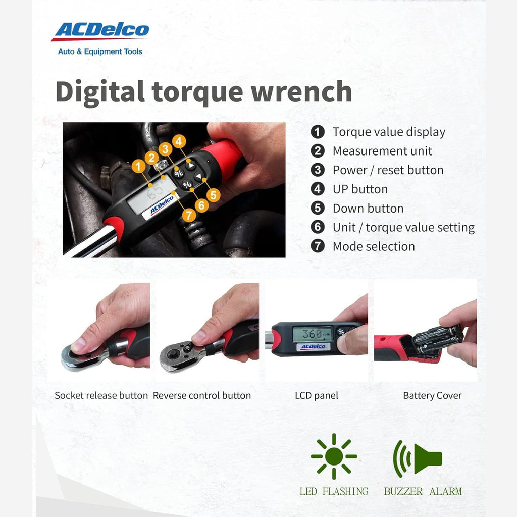 ACDelco ARM601-34 3/8' & ½' Heavy Duty Digital Torque Wrench Combo Kit with Buzzer and LED Flash Notification – ISO 6789 Standards with Certificate of Calibration