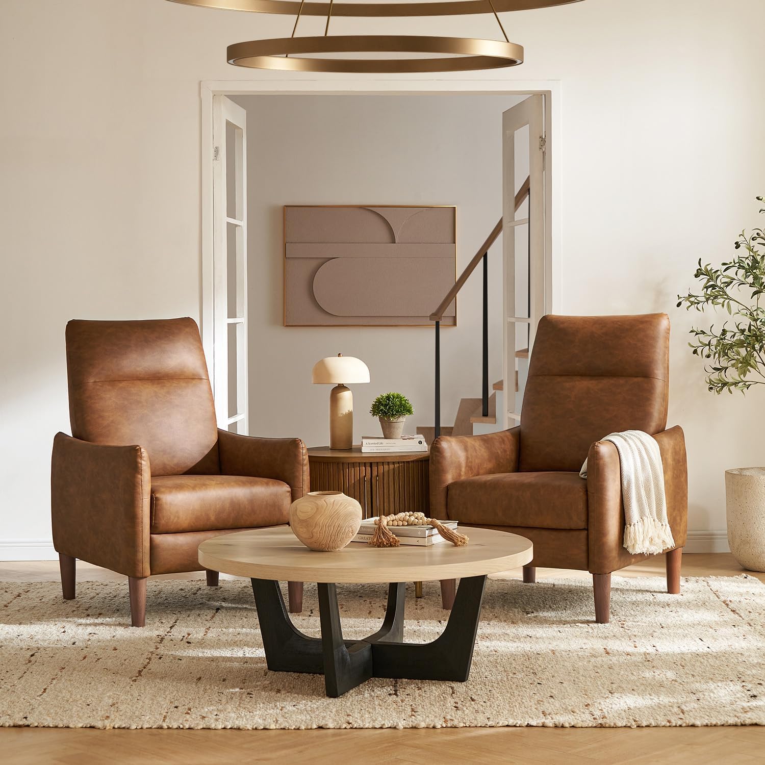 mopio Arthur Recliner Chair with 3 Positions, Accent Armchair, Mid Century Modern Reading Chair, High Back Padded Support Comfy Sleeper Armchair (Pecan Brown Faux Leather)