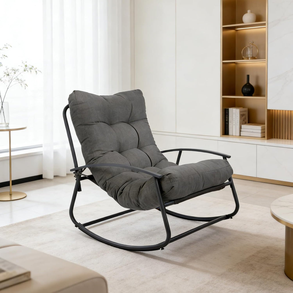 GLORY PATIO Rocking Chair for Patio and Indoor Use - Heavy-Duty Outdoor Rocking Chair with Thick Cushion, 40° Ergonomic Sway, Modern Metal Rocker for Garden, Porch, Living Room (Dark Grey)