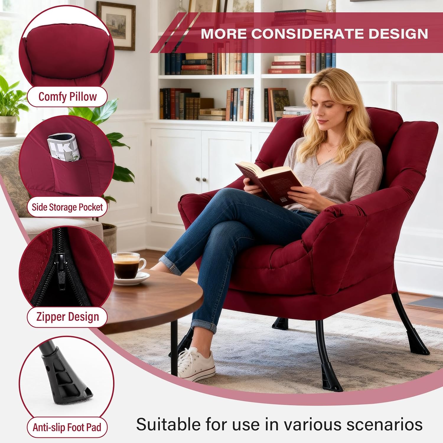 MBOOYOME Lazy Chair, Modern Soft Reading Chair Accent Contemporary Sofa Chair with Armrests and a Side Pocket for Living Room, Bedroom, Dorm & Office, Burgundy