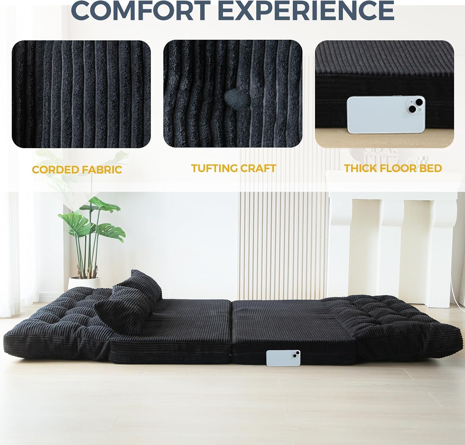 MAXYOYO Folding Sofa Bed, Tufted Bean Bag Bed with Pillows Floor Mattress for Adults, Extra Thick and Long Floor Sofa, Full Floor Couch Bed for Bedroom Living Room, Black, 54x91 Inch