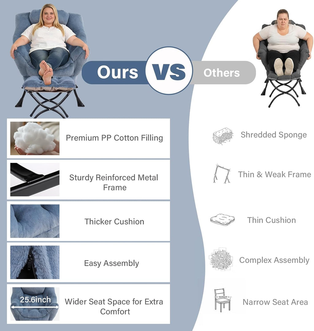 MBOOYOME Lazy Chair with Folding Ottoman, Modern Accent Armchair with Armrests and a Side Pocket & Foldable Footstool, Reading Chair for Living Room, Bedroom & Dorm, Plush Light Blue