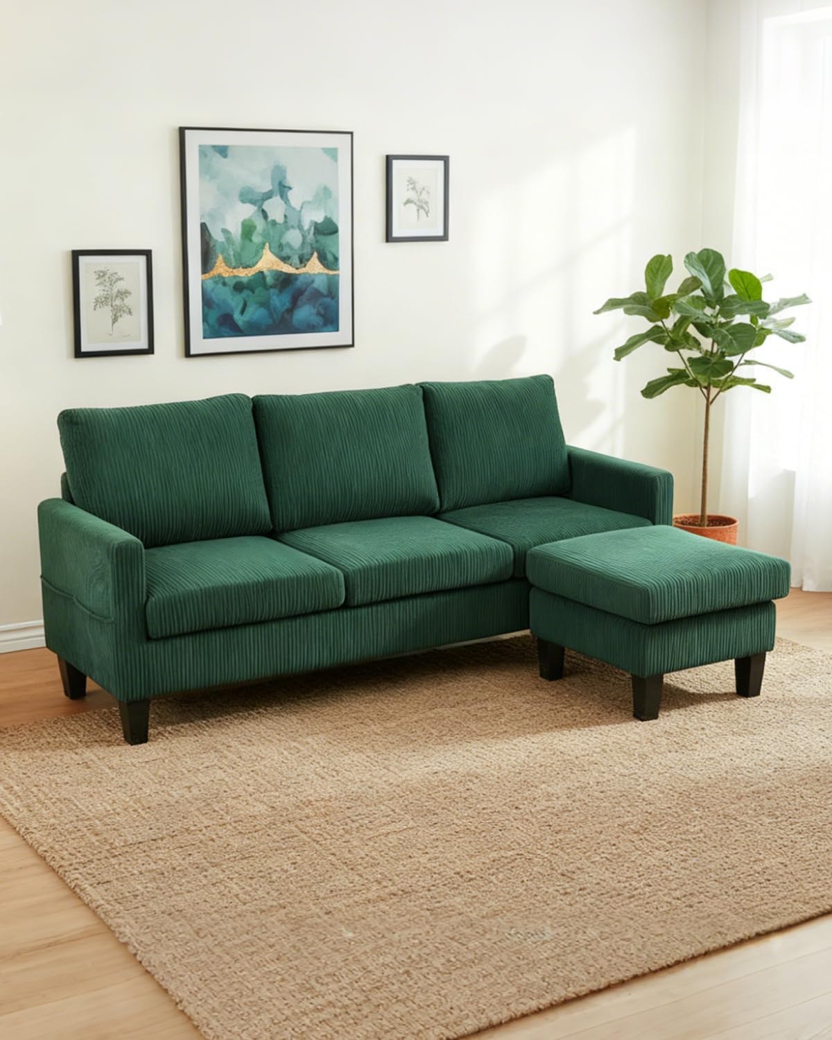 Karl home Small Sectional Couch L Shaped Sofa with Movable Storage Ottoman Corduroy Upholostered Sofa Chaise with Side Pockets for Living Room, Apartment, Studio, Green