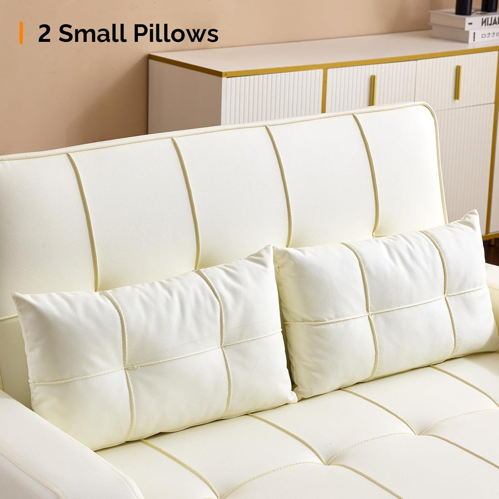 VINGLI Beige Futon Sofa Bed Convertible Loveseat Sleeper Couch, Faux Leather Pullout Sofa Fold Out Couch Bed with USB Ports, Cup Holders, Armrest for Living Room, Bedroom Apartment Room