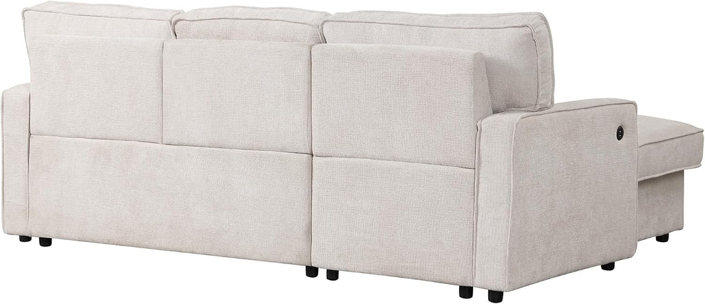 LUMISOL 89' Convertible Sleeper Sofa Bed, Modern L-Shaped Sectional Sofa with Reversible Storage Chaise, Chenille Pull Out Couch with Cup Holders & USB Charging Station for Living Room, Beige