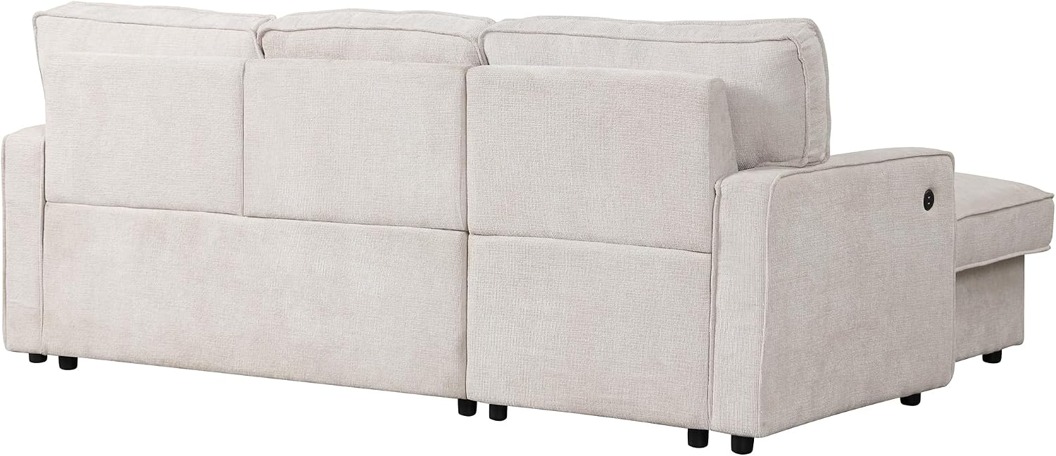 LUMISOL 89' Convertible Sleeper Sofa Bed, Modern L-Shaped Sectional Sofa with Reversible Storage Chaise, Chenille Pull Out Couch with Cup Holders & USB Charging Station for Living Room, Beige