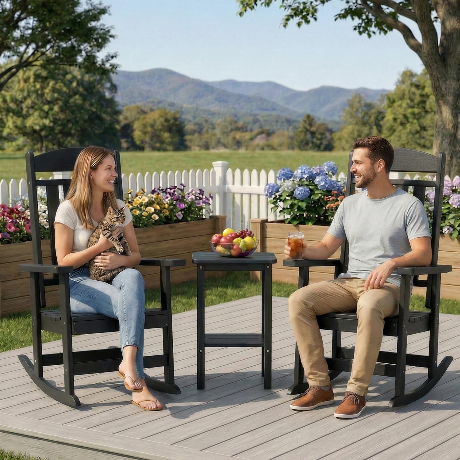 FOOWIN Outdoor Rocking Chair Set of 2, High Back Patio Rocking Chair, HDPE All Weather Resistant Porch Rocker for Adult, Oversized Rocking Chairs for Garden, Lawn, Indoor & Outdoor Use, Black