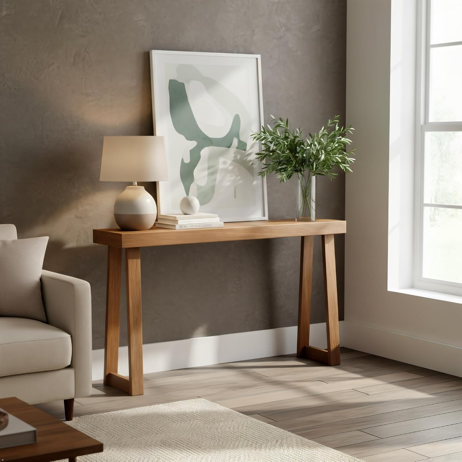 Plank+Beam Solid Wood Console Table, 56 Inch, Sofa Table, Narrow Entryway Table for Hallway, Behind The Couch, Living Room, Foyer, Easy Assembly, Pecan