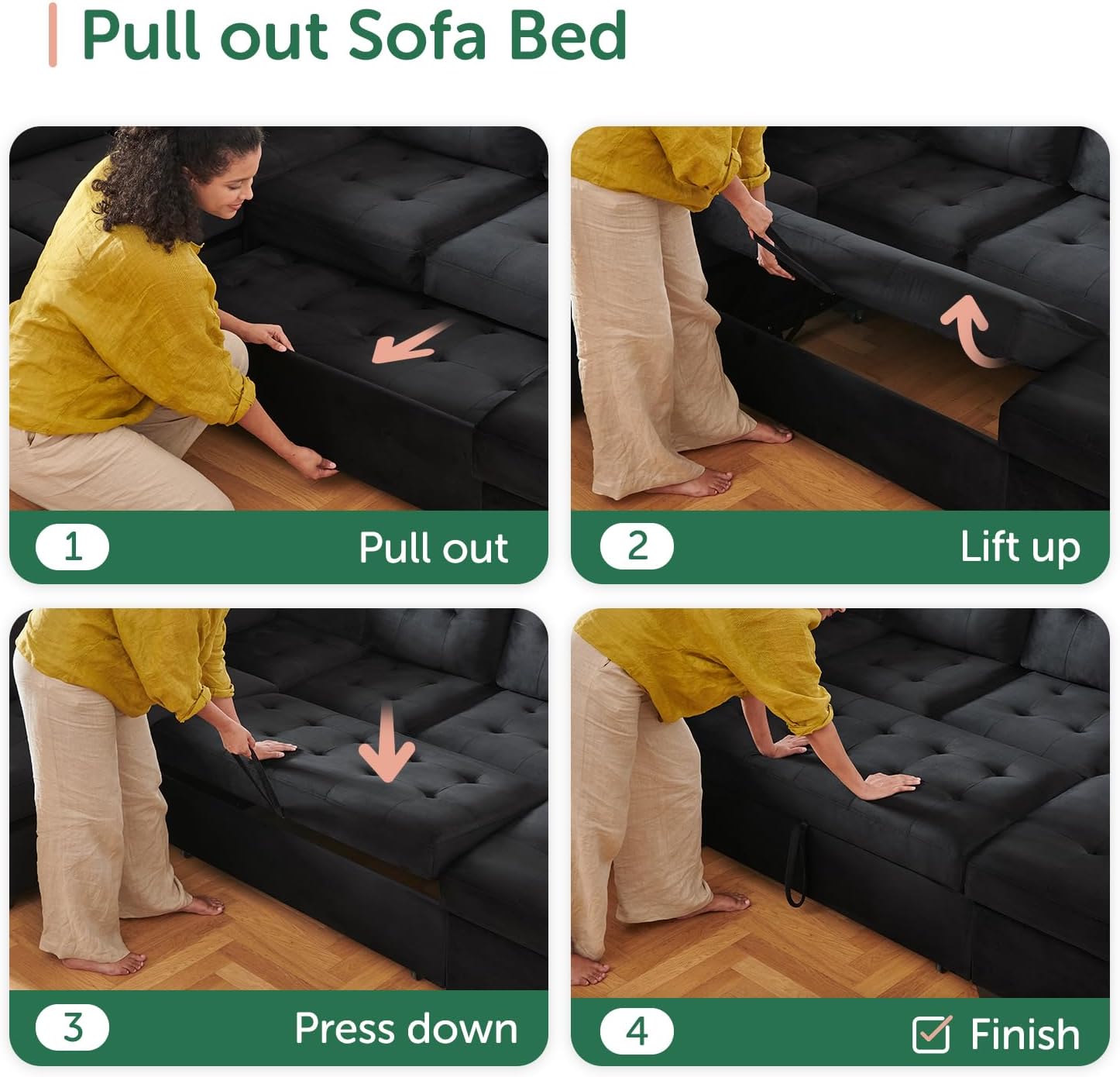 HONBAY Sectional Sleeper Sofa with Pull Out Bed, Sleeper Sectional Couch for Living Room, Sleeper Sofa Bed with Storage Chaise, Velvet Black