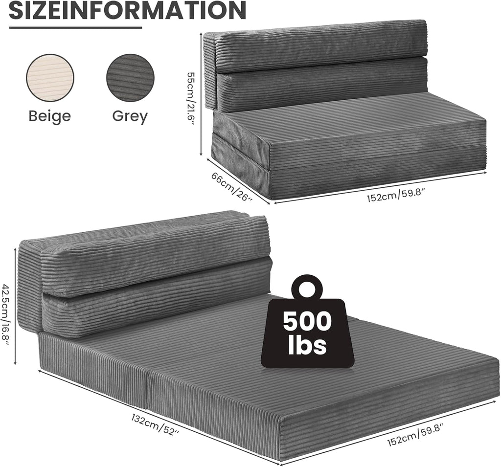 JUIKURY Folding Sofa Bed, Convertible Sleeper Chair with Pilow Foldable Matress, 2 in 1 Pull Out Loveseat Sofa Portable Fold Out Chair Bed Floor Couch Lounge for Living Room Bedroom (Grey, Queen)