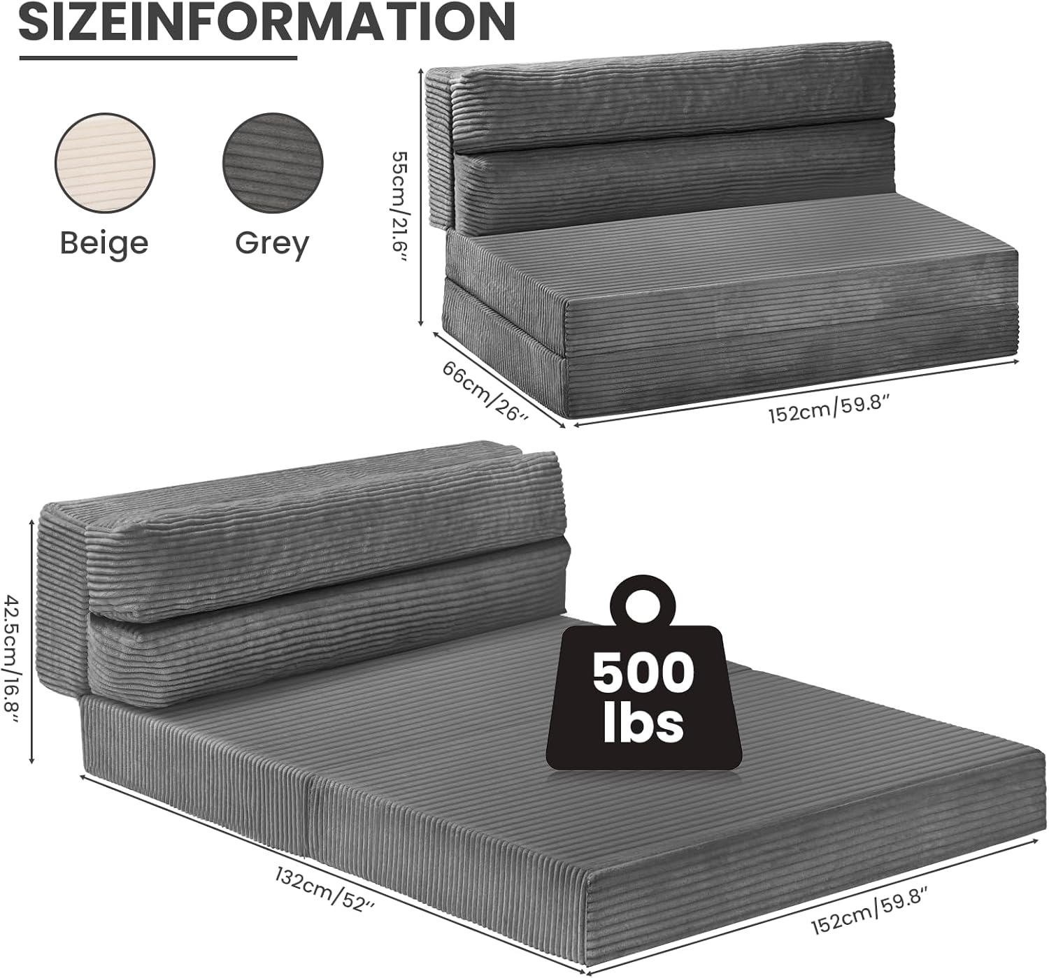 JUIKURY Folding Sofa Bed, Convertible Sleeper Chair with Pilow Foldable Matress, 2 in 1 Pull Out Loveseat Sofa Portable Fold Out Chair Bed Floor Couch Lounge for Living Room Bedroom (Grey, Queen)