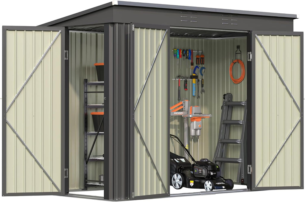 Greesum 8x4FT Outdoor Storage Shed, Metal Shed with Triple Lockable Door, Utility Tool Storaged Garden Shed with Slopping Roof for Patio Storage, Black