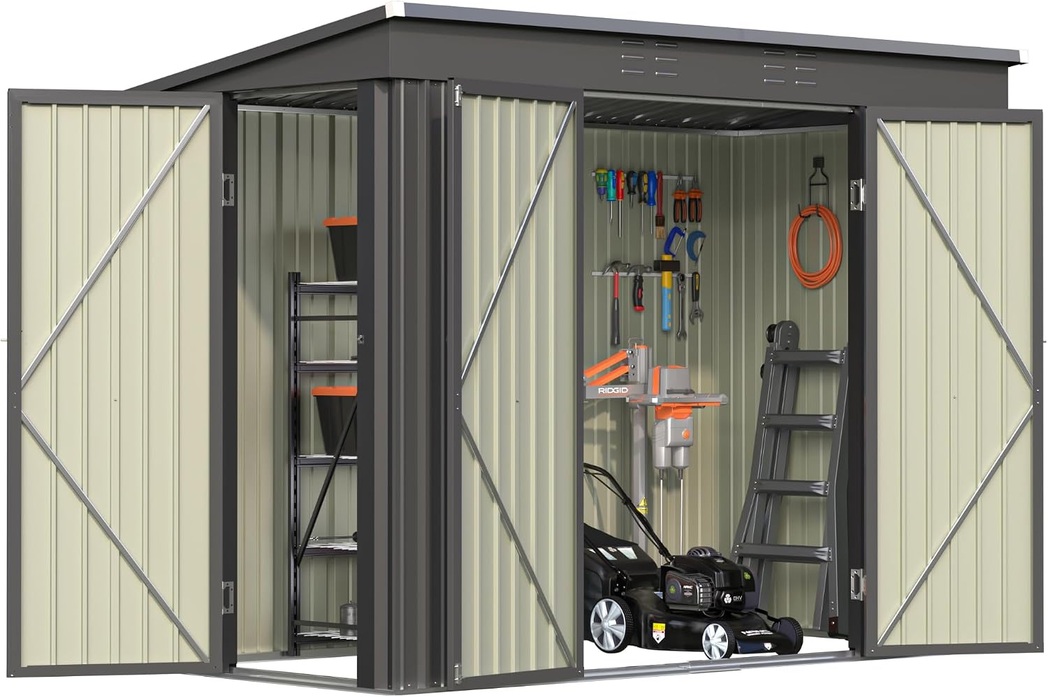 Greesum 8x4FT Outdoor Storage Shed, Metal Shed with Triple Lockable Door, Utility Tool Storaged Garden Shed with Slopping Roof for Patio Storage, Black