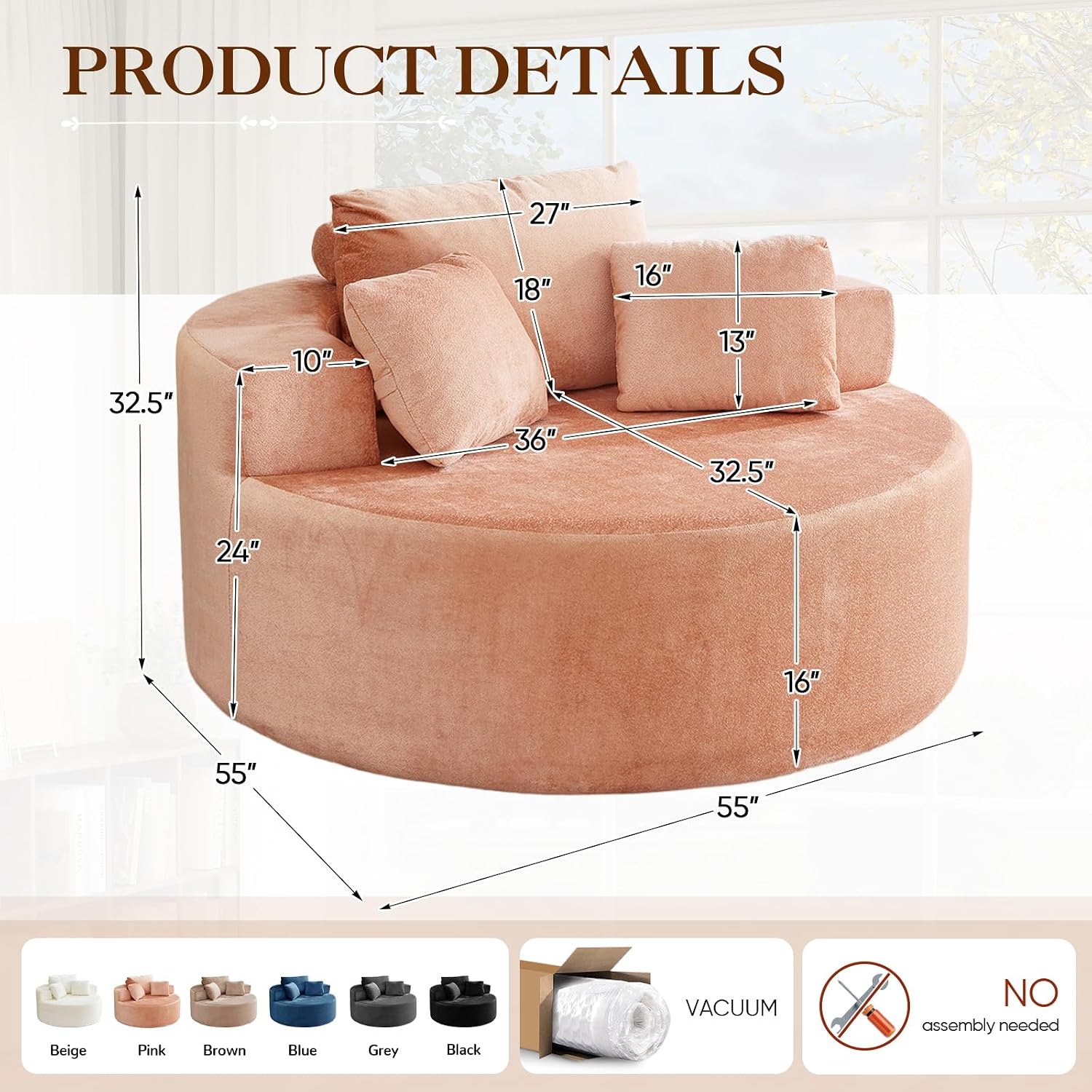 Antetek Oversized Round Chaise Longue Chair Indoor, Modern 55-inch Upholstered Terry Fabric Deep Seat Circle Single Cloud Lounge Floor Accent Chair for Living Room, Bedroom Apartment, Pink