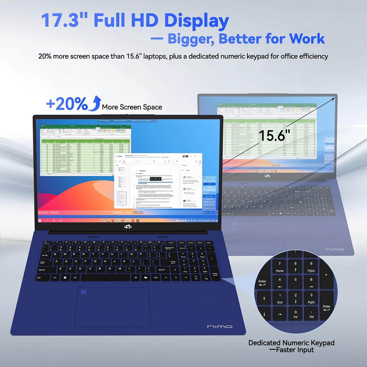NIMO 17.3' Business-Laptop, AMD Ryzen 7 7735HS (8C/16T), 64GB RAM 2TB NVMe SSD, Radeon 680M for Light Gaming, PD 100W Type-C WiFi-6E BT5.2 Fingerprint Unlock Backlit Keyboard for Working & Student