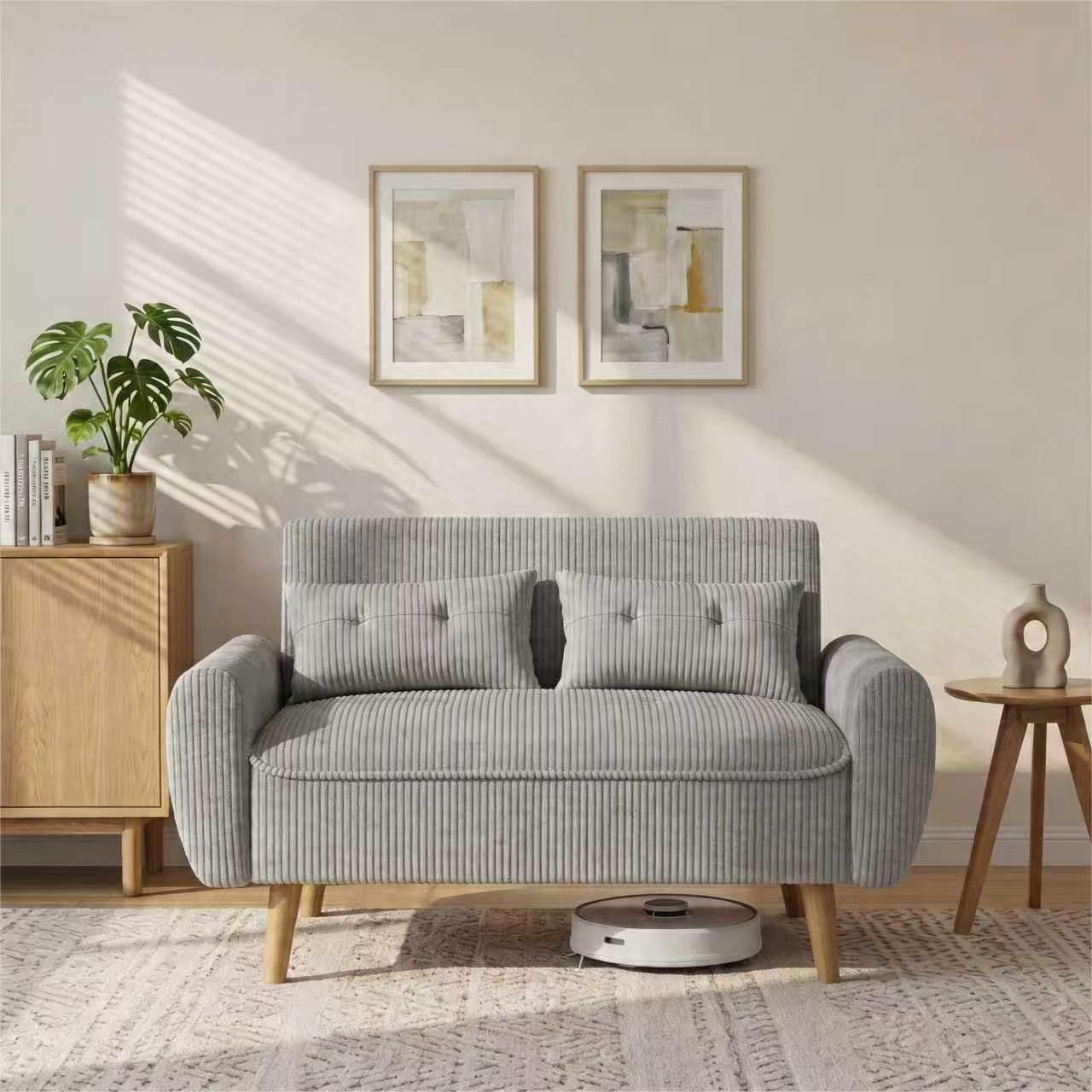 Shintenchi 48'' Loveseat Sofa, Mid-Century Modern Upholstered Couch Deep Seat with 2 Pillows, 10' Thick Cushion with Spring, Solid Wood Frame Small Couch for Living Room, Dorms & Office, Light Grey