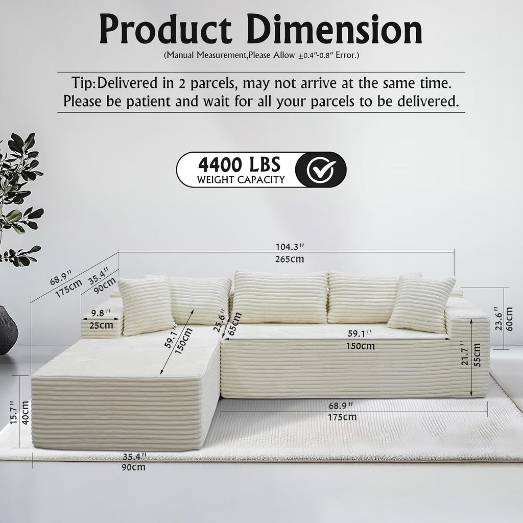 Sectional Couches for Living Room Corduroy Couch, 104' Cloud Boneless Couch with L-Shape Chaise, Modern Modular Sofa, Deep Seat Comfort, No Assembly Required(Plush Corduroy, Right Facing Chaise)