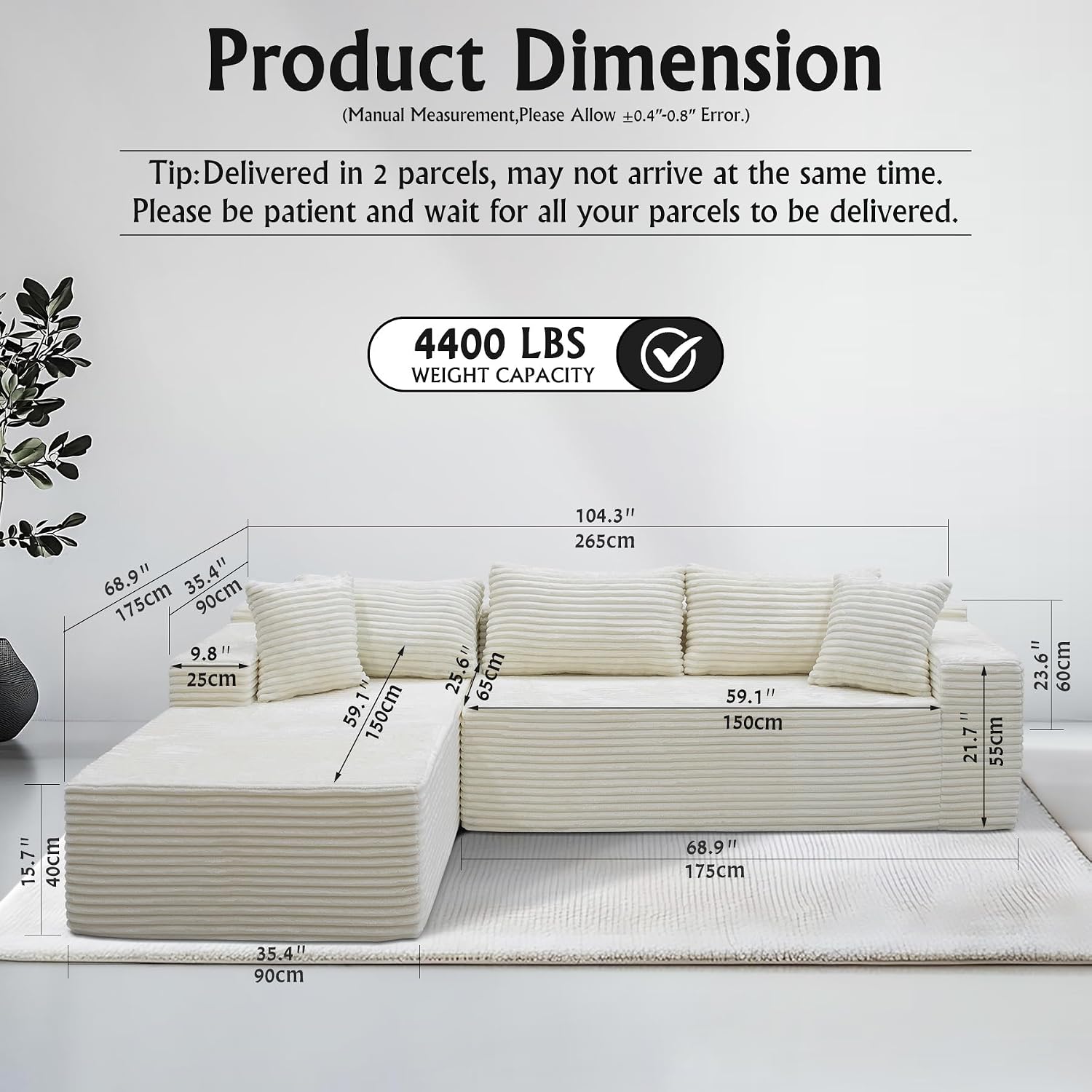 Sectional Couches for Living Room Corduroy Couch, 104' Cloud Boneless Couch with L-Shape Chaise, Modern Modular Sofa, Deep Seat Comfort, No Assembly Required(Plush Corduroy, Right Facing Chaise)