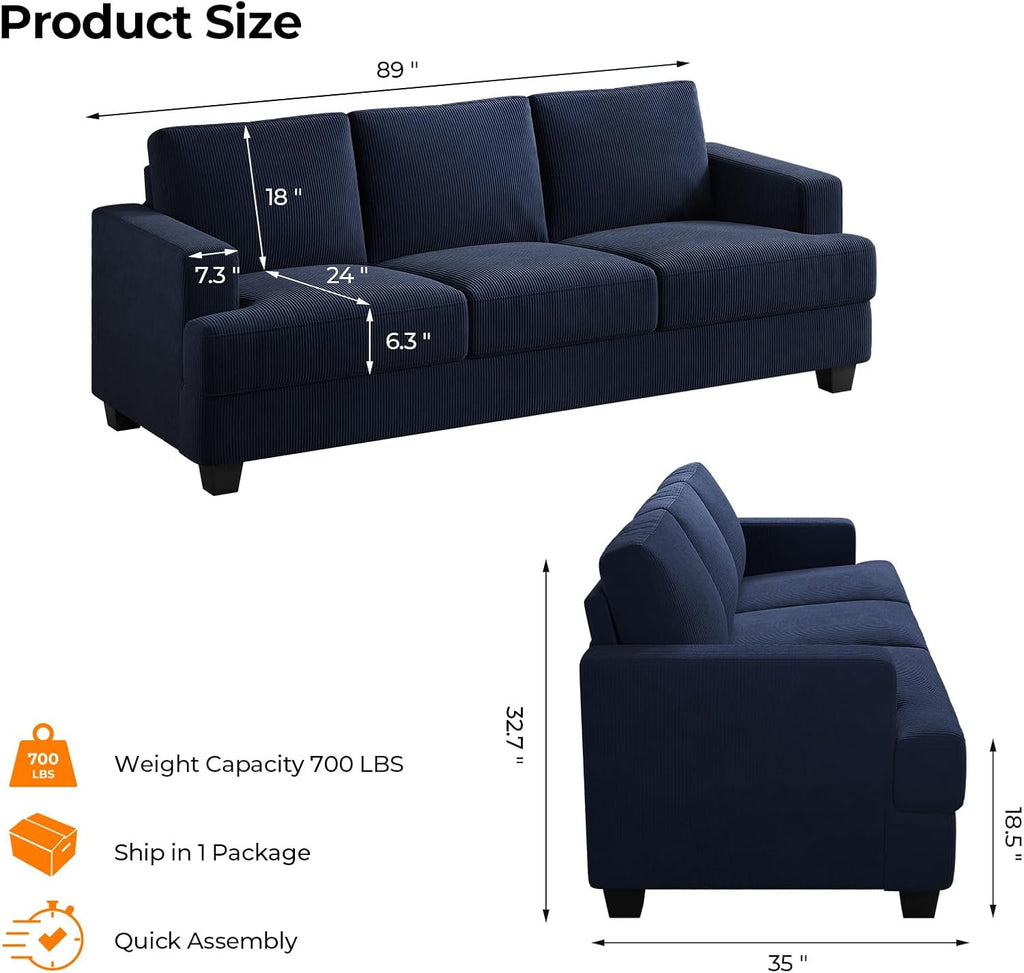 COPIAE 89 Inch Sofa with Extra Deep Seats Oversize, 3 Seater Sofa for Living Room, Modern Couch and Sofa, Comfy Armrests and Seats and Backrests, Easy Installation, Corduroy Fabric Blue