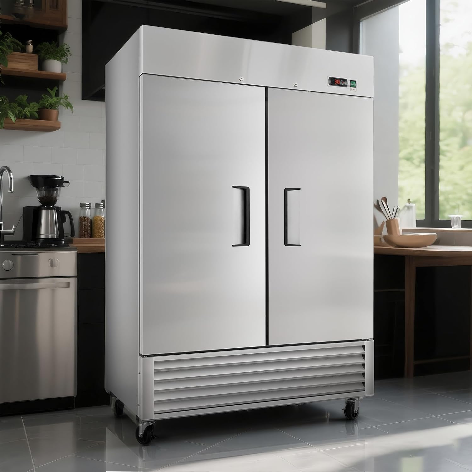 DeepTide 54' W Commercial Refrigerator with Double-Door: 49 Cubic Feet Storage, Adjustable Shelving, Automatic Defrosting, Precision Digital Thermostat, LED Lights, Safety Locks