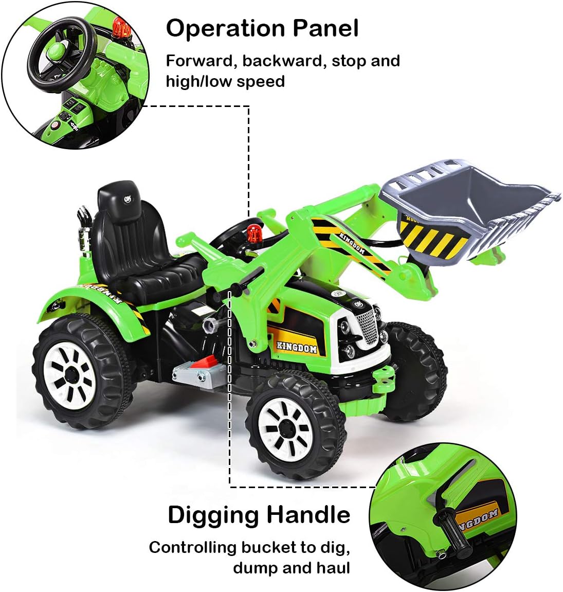 Costzon Ride on Excavator, 12V Battery Powered Construction Vehicles for Kids with Front Loader, Horn, Safety Belt, Treaded Wheels, Ride on Bulldozer Truck, Excavator Ride on Toy Gift for Boys Girls