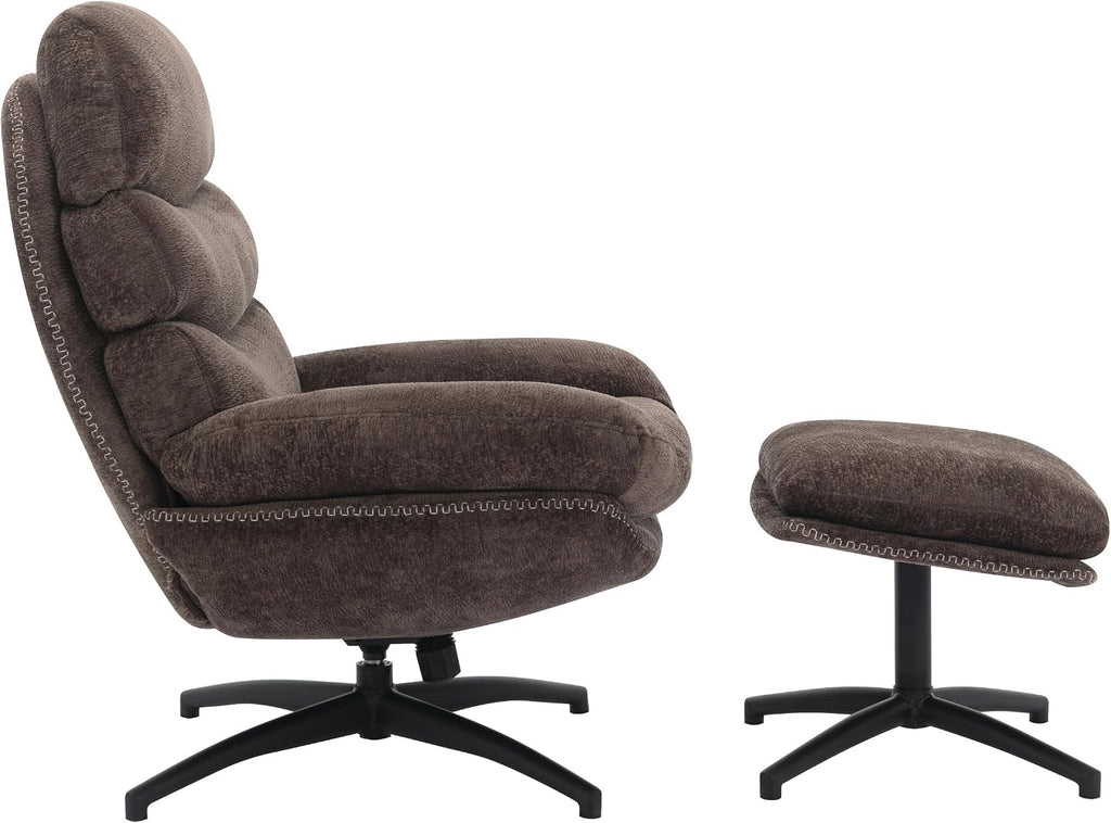 OSP Home Furnishings Kerry Modern Plush Swivel and Rocking Lounge Chair and Foot Rest with Black Base, Brown Fabric