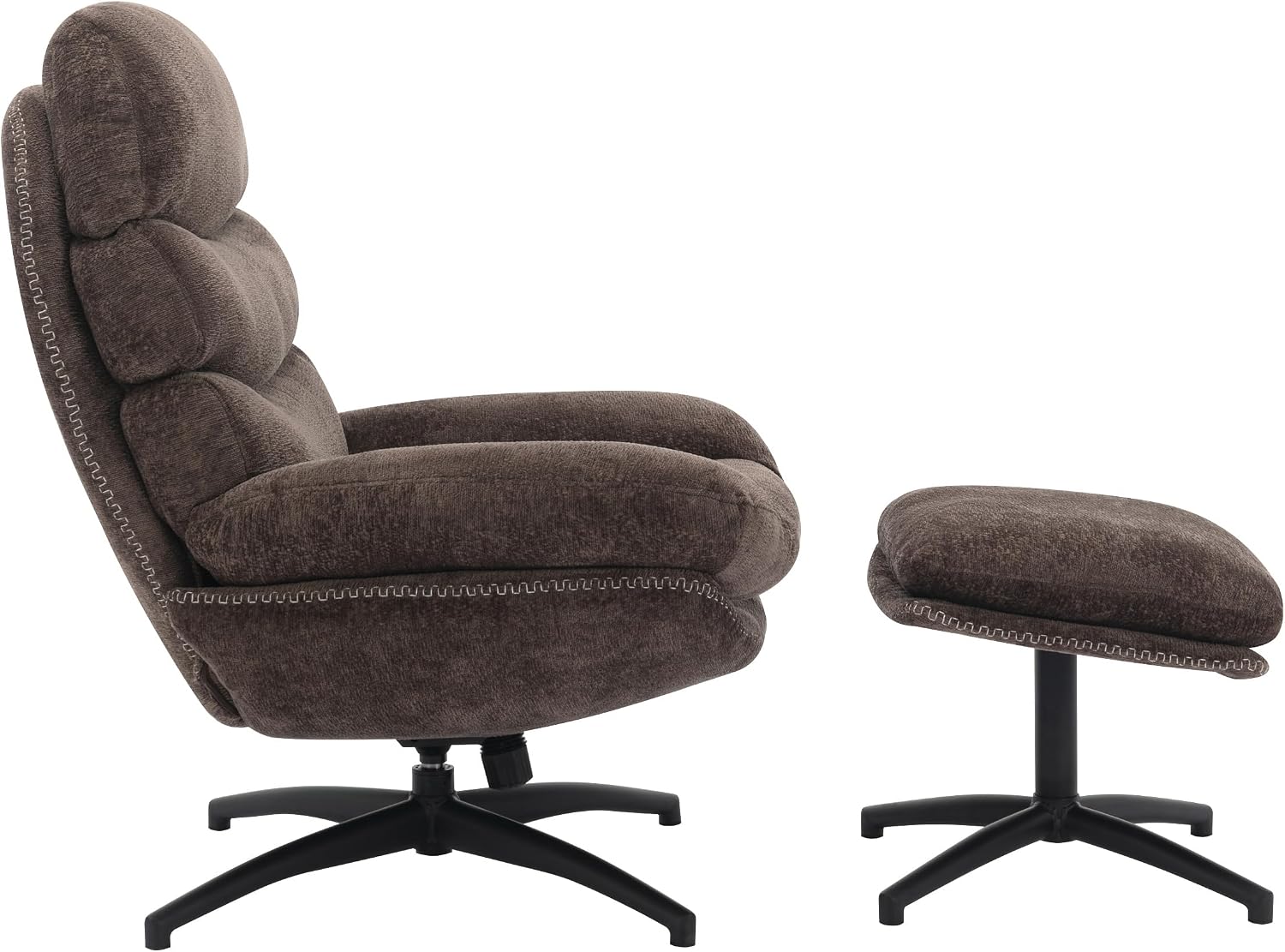 OSP Home Furnishings Kerry Modern Plush Swivel and Rocking Lounge Chair and Foot Rest with Black Base, Brown Fabric