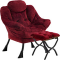 Lazy Chair with Folding Ottoman,Leisure Sofa Chair,Soft Fabric Armchair with Armrests and Side Pockets, Reading Chair with Footrest for Living Room, Bedroom, Office (Plush Red)