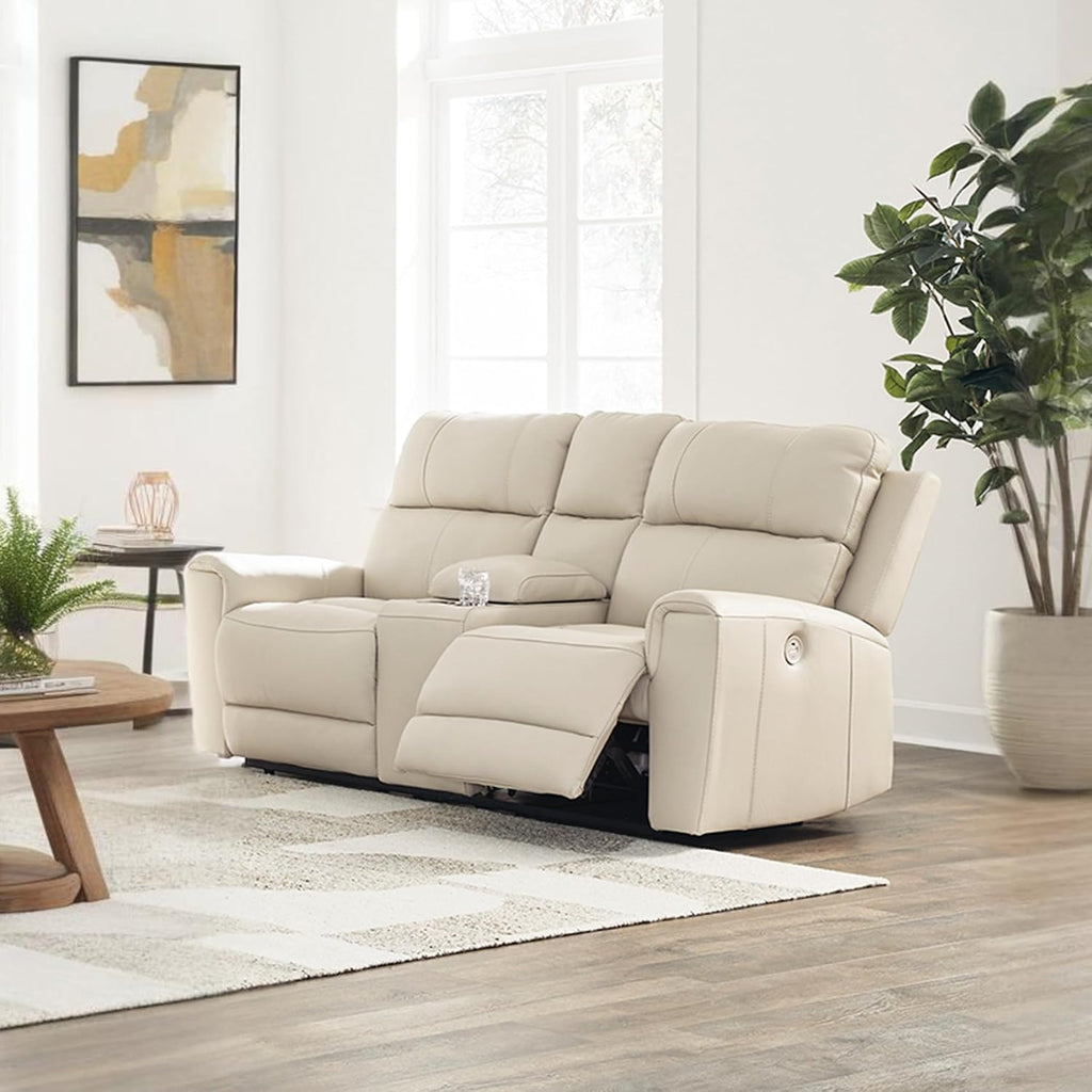 Signature Design by Ashley Dahlmoore Contemporary Leather Match Power Reclining Loveseat with Console and USB Ports, Beige