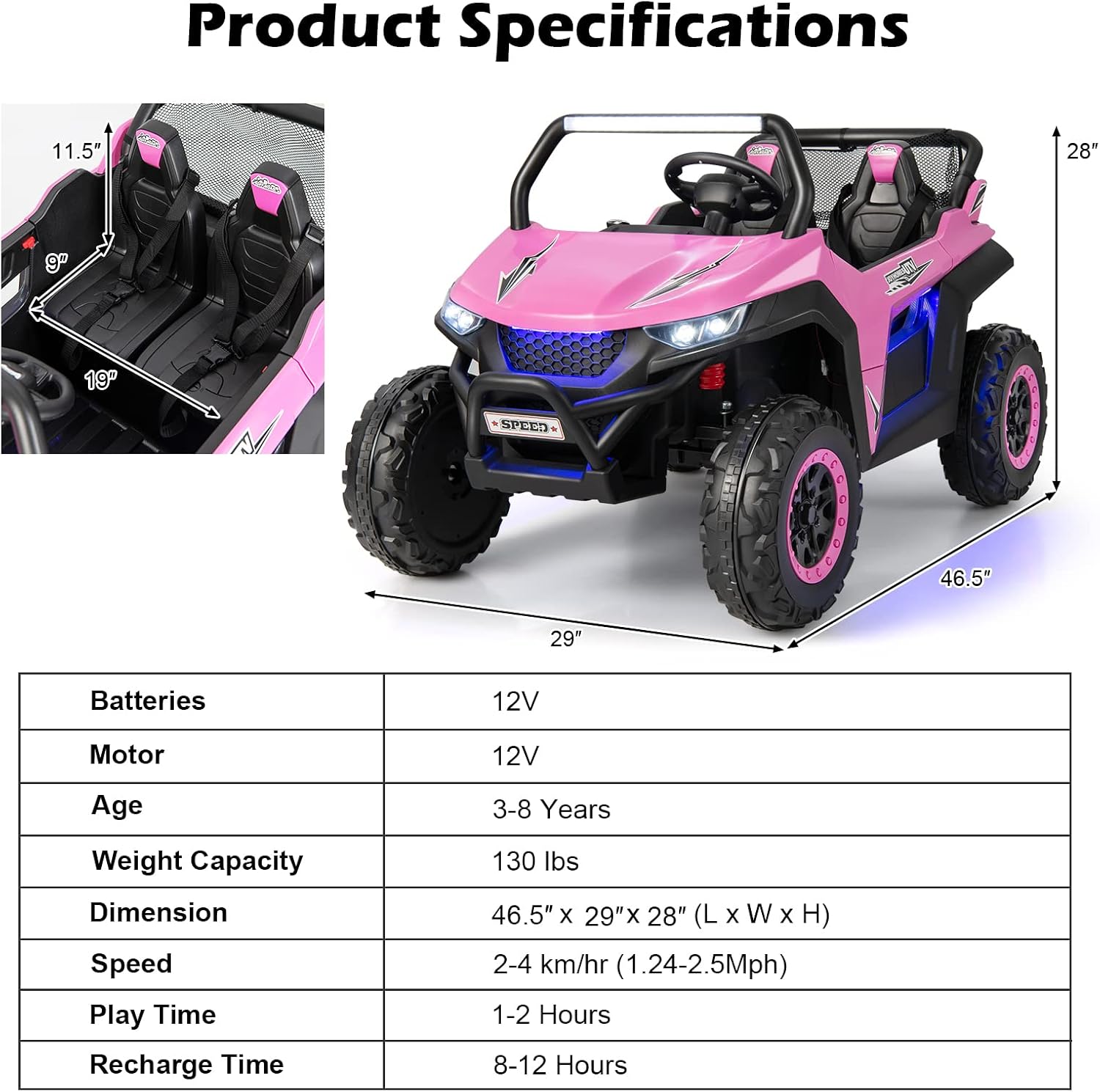 Costzon 2-Seater Ride on Car for Kids, 12V Kid' Electric Vehicles w/Remote Control, 4 Shock Absorbers, Wireless Music & FM, 3 Speeds, Ambiance Lights, Electric UTV, Kids Car for Boys Girls (Pink)