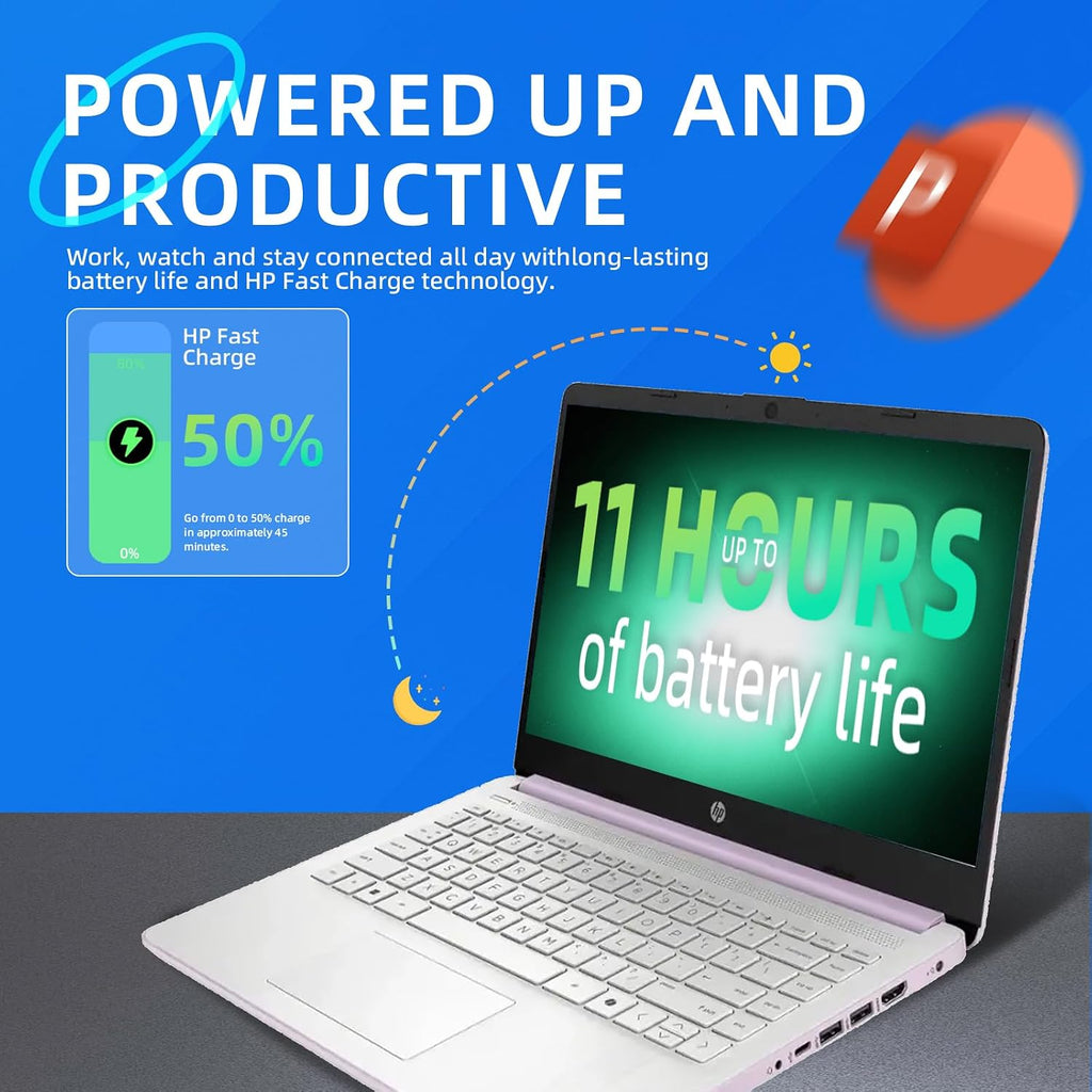 HP 14 inch Laptop for Students & Business • 1-Year Office 365 • 250nits Anti-Glare Display • Intel 4-Core CPU • Copilot • Win 11 Pro • Accessories • Wi-Fi 6 • 16GB RAM • 128GB UFS • 256GB SD Card