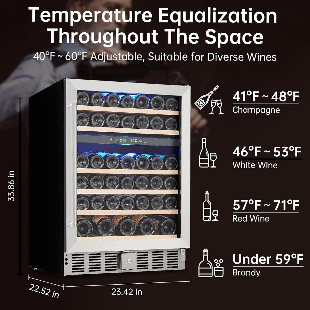 GarveeHome 24 in Dual Zone Wine Fridge Under Counter, 52 Bottle Wine Cooler Refrigerator with 40～64°F Digital Temperature Control, Safety Lock, All Wood Removable Shelves, Stainless Steel+Glass Door