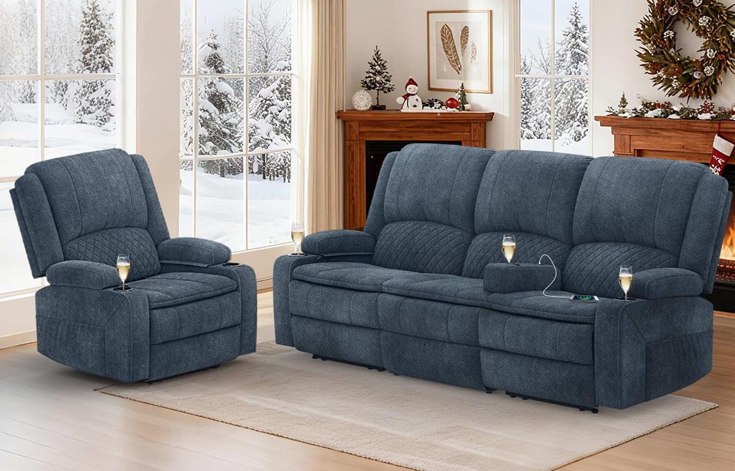 3+1 Manual Recliner Sofa, Maximum Load Capacity 1800lbs & Ergonomics Design, Multi-Functional Middle Seat & Home Theater Seating with Removable Armrest and Storage for RV Living Room (Fabric,Blue)