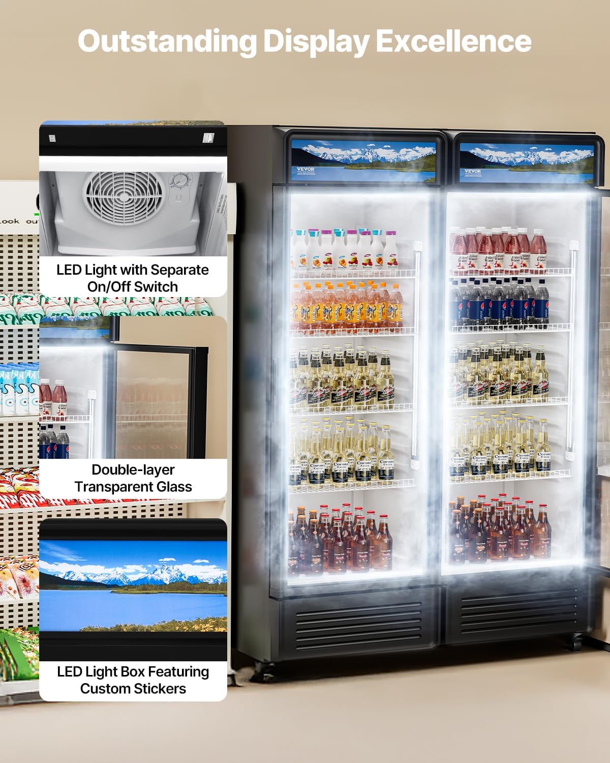 VEVOR Commercial Merchandiser Refrigerator, 13.3 CU.FT Glass Door Display Refrigerator, Beverage Cooler Merchandiser with Adjustable Shelves, Soft LED Light, Customizable Lightbox, Black