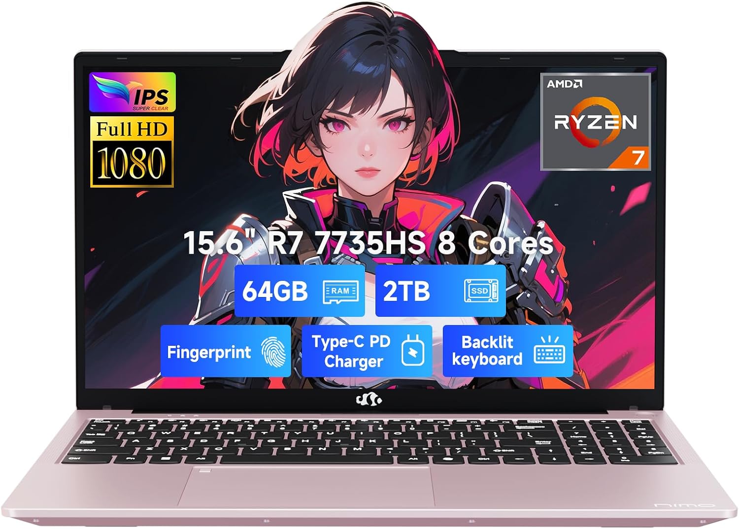 NIMO 15.6' IPS FHD Gaming-Laptop, AMD 8 Cores Ryzen 7 7735HS 64GB DDR5 RAM 2TB SSD (Beats i7-12650H, Up to 4.75GHz) Computer with Radeon 680M 100W Type-C Backlit Keyboard Fingerprint Unlock, Rose Gold