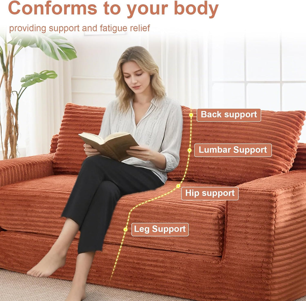 GNIXUU Corduroy Cloud Loveseat Sofa, 2 in 1 Convertible Sleeper Sofa with Fixed-Shape Frame, Comfy Folding Boneless Love Seat Couches for Living Room, Apartment, Small Spaces. Orange