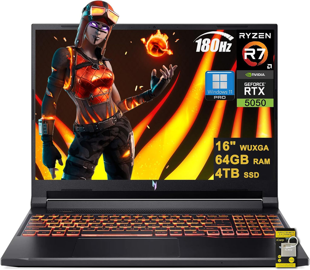 acer Nitro V 16 AI Gaming Laptop 16' WUXGA IPS 180Hz AMD Zen 4 Octa-Core Ryzen 7 260 64GB RAM 4TB SSD GeForce RTX 5050 (Up to 421 AI Tops) Backlit Wi-Fi6E Win11Pro w/ICP Hub