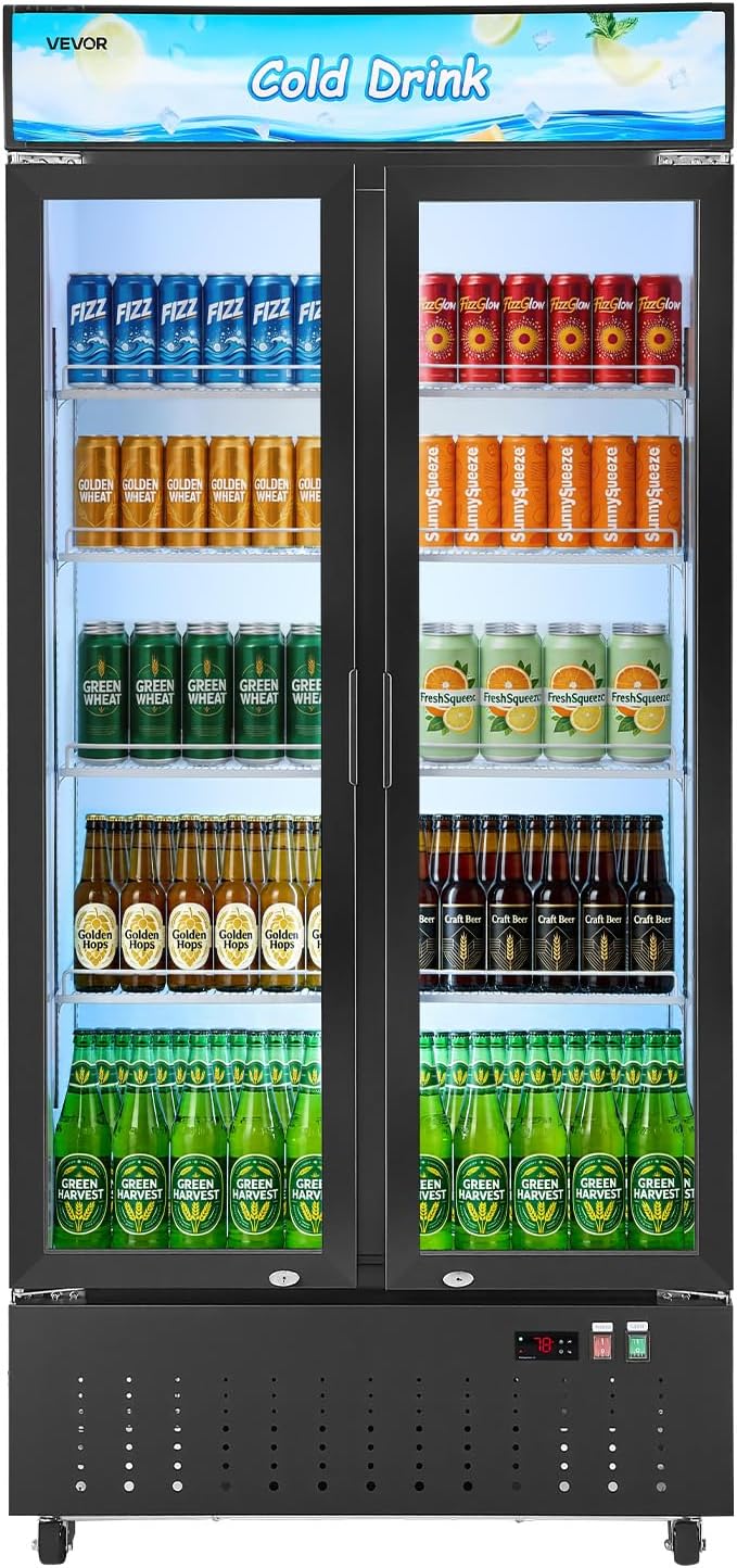 VEVOR Commercial Merchandiser Refrigerator, 20.8 Cu.Ft / 590L Upright Beverage Cooler, 2 Glass Door Display Refrigerator with Customizable Lightbox, 8 Adjustable Shelves, Soft LED Lighting & Casters