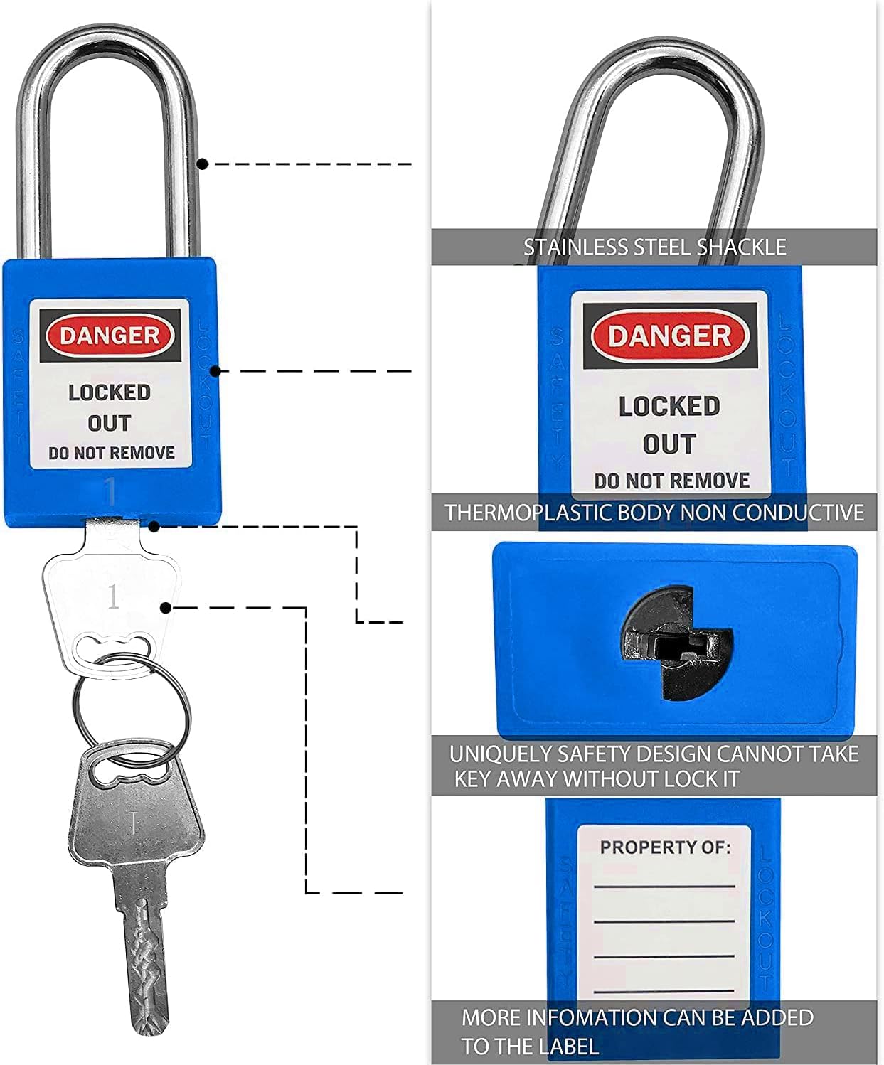 SAFBY 50 Keyed Different Lockout Tagout Locks with 50 Lock Out Tag Out Tags - Loto Safe Padlocks for Lock Out Tag Out Stations and Devices (1-50 Blue)