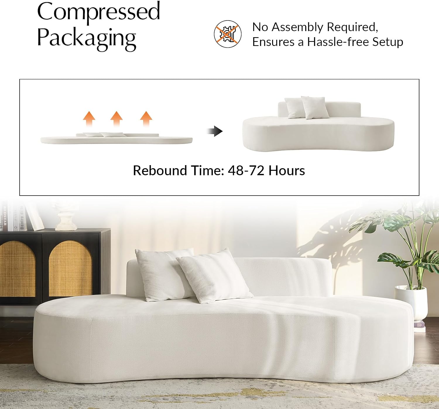 HULALA HOME 94.5' Curved Boneless Couch with Two Pillows, Oversized 3 Seater Compressed Foam Sofa with Deep Seat, Modern Cloud Couch for Living Room, No Assembly Required, Ivory