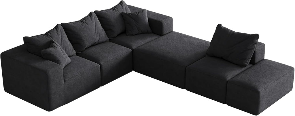 132' Modular Sectional Sleeper Sofa Couch, Modern Cloud Chenille Sectional Couch with Ottoman, Boneless U Shape Couches for Living Room, Free Combination, No Assembly Required, Black