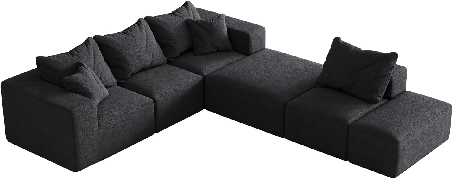 132' Modular Sectional Sleeper Sofa Couch, Modern Cloud Chenille Sectional Couch with Ottoman, Boneless U Shape Couches for Living Room, Free Combination, No Assembly Required, Black
