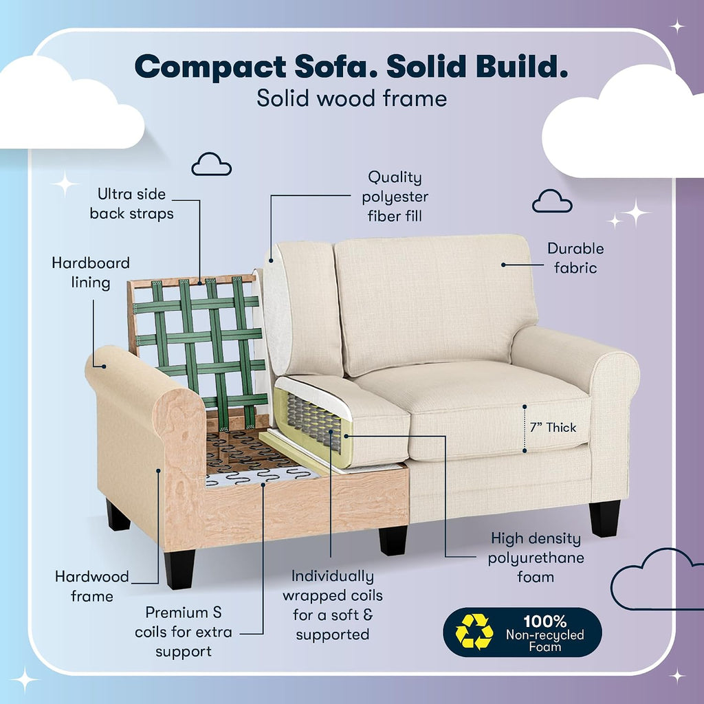 Serta Copenhagen Small Loveseat Sofa, 61 Inch Couch with Rolled Arms, Pocket Coil Seat Cushions, Removable Covers, Easy Care Polyester Upholstery for Living Room, Bedroom or Office, Buckwheat Beige