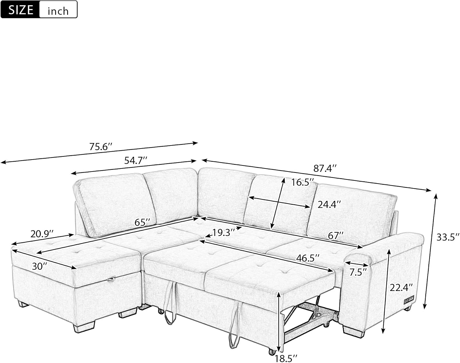LUMISOL 87.4' Convertible Sleeper Sofa Bed with Storage Ottoman, L-Shaped Sectional Sofa with Storage Arm & Charging Stations, Pull Out Sofa Couch with Chaise for Living Room, Black