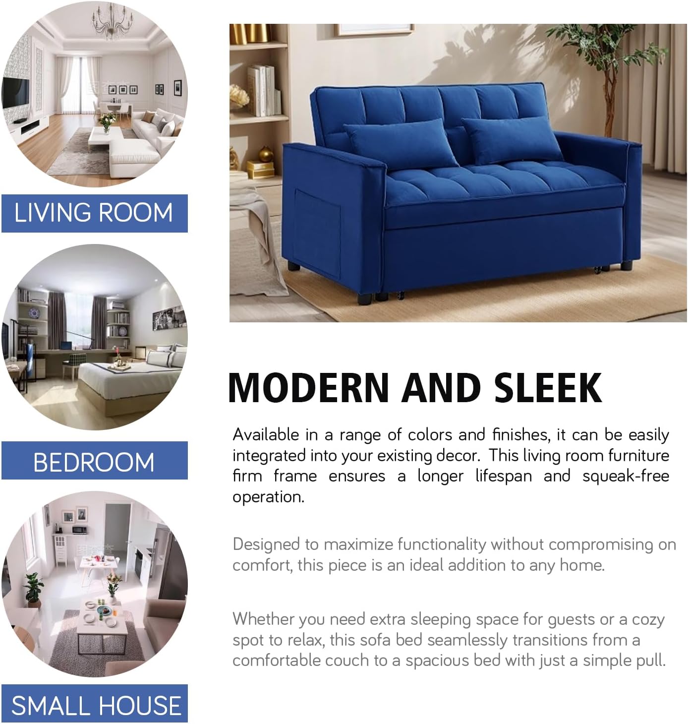 3 in 1 Convertible Sleeper Sofa Bed, 54'' Full Size Velvet Pull Out Futon Couch Recliner with Reclining Backrest & 2 Pillows, Small Loveseat Lounge Couches for Small Spaces (Dark Blue)