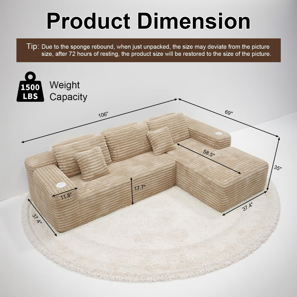 Cloud Sectional Couch with L-Shape Chaise, Modern Modular Sofa with Deep Seat, Built-in Cup Holder & Storage Pocket for Living Room Bedroom, No Assembly Required (Camel, Right Facing Chaise)